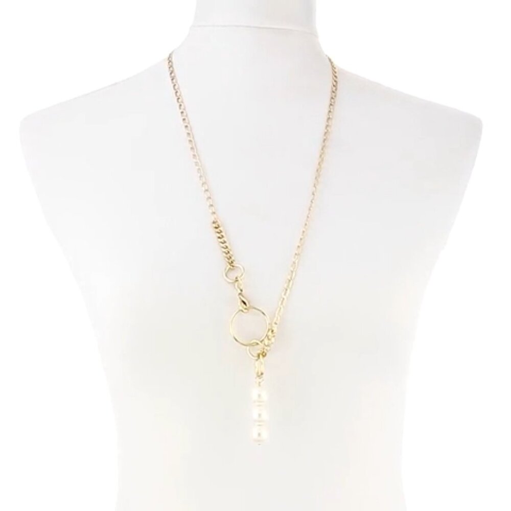 French Connection Linked gold chain with Pearl beads Y-Necklace